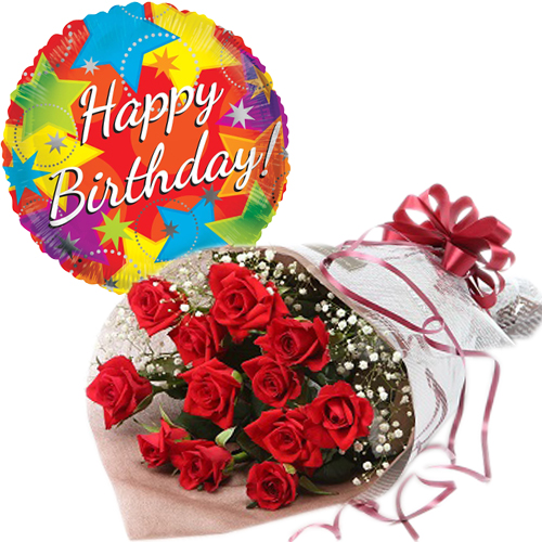 Buy 12 Red Color Roses Bouquet, Chocolate Fruits Cake & Birthday Balloon in  Vietnam