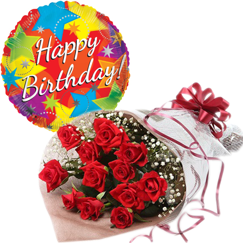 Order 24 Red Roses in Bouquet with Happy Birthday Mylar Balloon to Manila