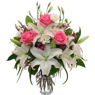send white lilies with pink roses in vase to tokyo
