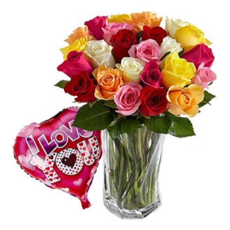 one dozen mixed roses in vase with balloon to japan