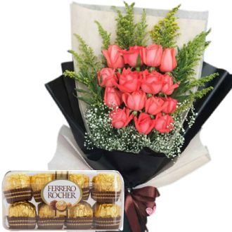 12 pink rose bouquet with ferrero chocolate to japan