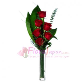 send six red roses in glass vase to japan