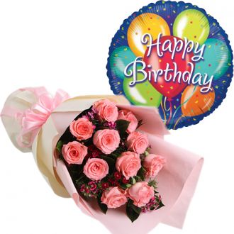 send one dozen pink roses w/ birthday balloon to japan