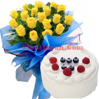 buy yellow roses bouquet with gateau cake japan