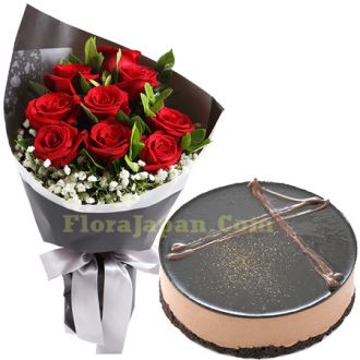 send 12 red roses bouquet with chocolate cake to japan