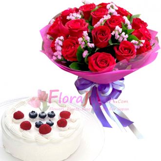 send one dozen roses with gateau fraise cake to japan