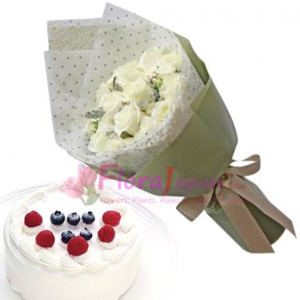 send one dozen white roses with gateau fraise cake to japan
