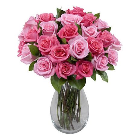 send 24 fresh pink roses in clear glass vase to japan