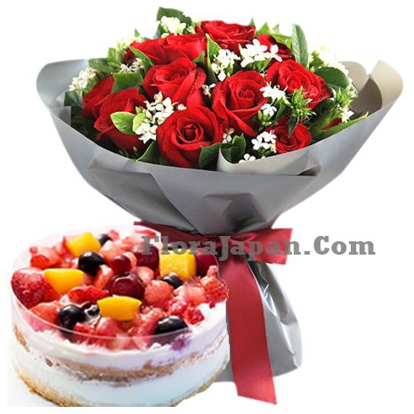 12 red rose bouquet with berries trote cake to tokyo japan