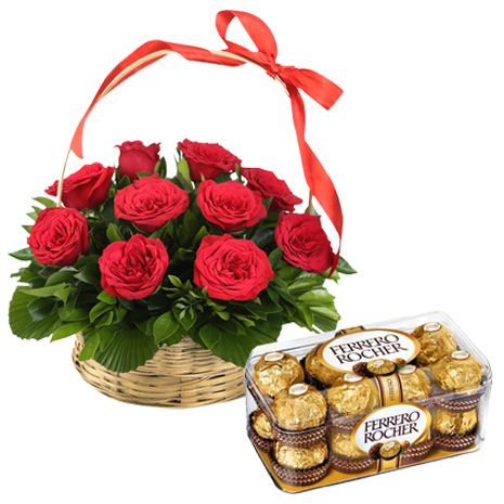 12 red rose basket with 16 ferrero chocolate