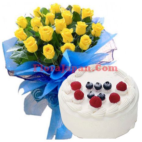 buy yellow roses bouquet with gateau cake japan